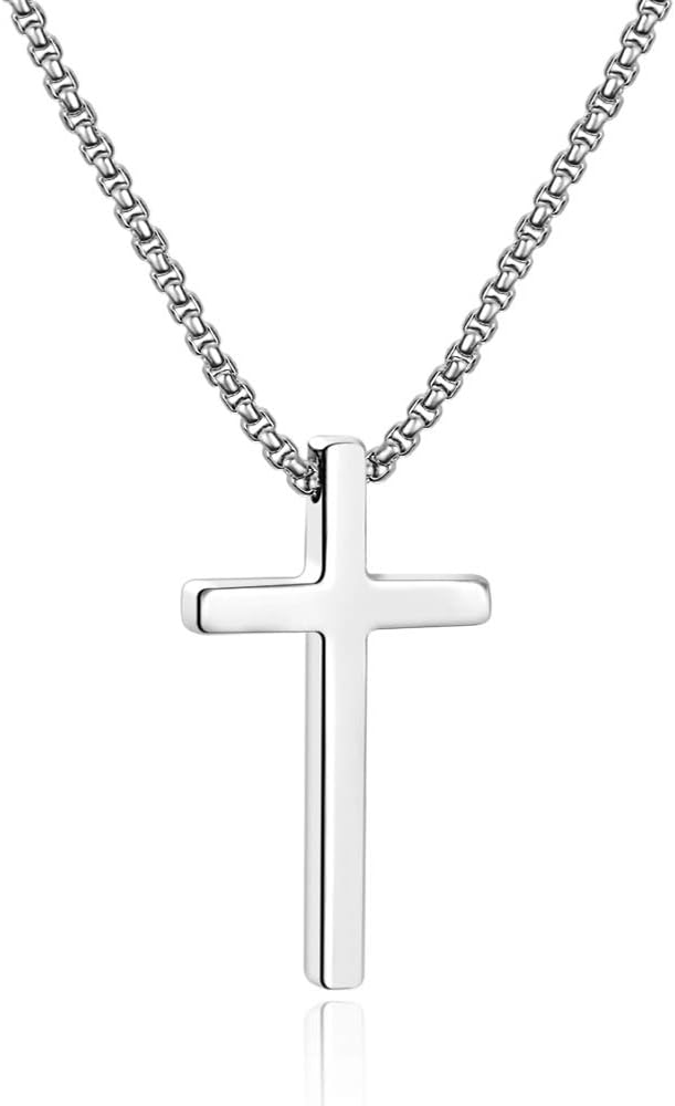 UrsteelCross Necklace for Men, Silver Black Gold Stainless Steel Cross Pendant Necklace for Men, 16-30 Inches Box Chain