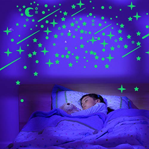 Pegatinas fluorescentes, Liesun 597 Pzas Luminoso Pegatinas de Pared, luna y Estrellas Fluorescente Decoración de Pared, perfectas para decoración dormitorio de niños, DIY Decoración de la Habitación