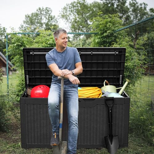 image for Greesum 100 Gallon Resin Deck Box Large Outdoor Storage, Imitation Rat