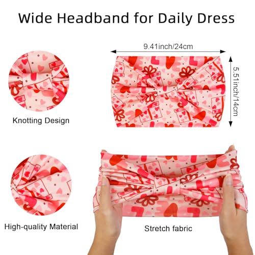 Huachi 4 Packs Valentine Headbands for Women Wide Knotted Valentine Heart Headbands Trendy Love Head Bands for Women’s Hair Large Bandana Hairbands Valentines Gifts Hair Accessories