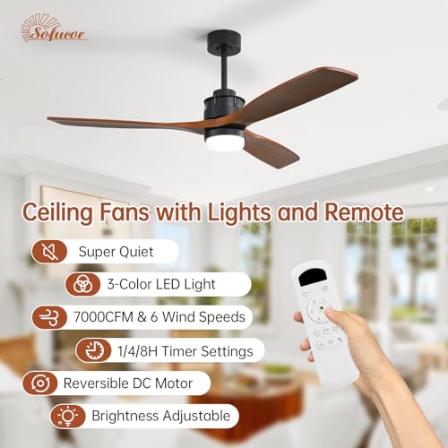 Image of Sofucor 60 Inch Ceiling Fan with Light and Remote, Large 3 Solid Wood Blade