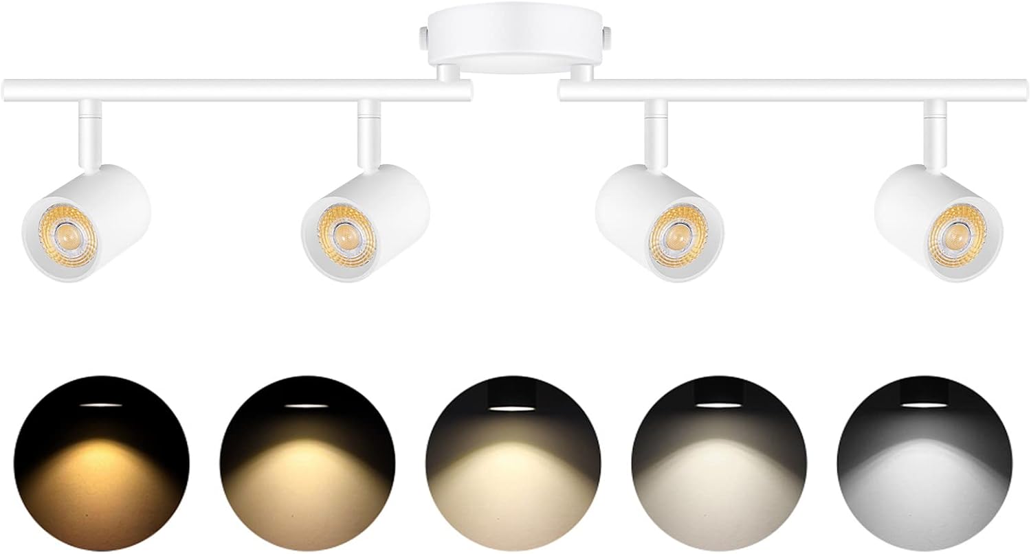 VANoopee 5-Color 4 Light LED Track Lighting Fixtures Ceiling for Kitchen, Dimmable Track Lighting Kit, Ceiling Spotlight Flush Mount Adjustable Directional Spot Lights Indoor, White CRI90 2400lm 30W