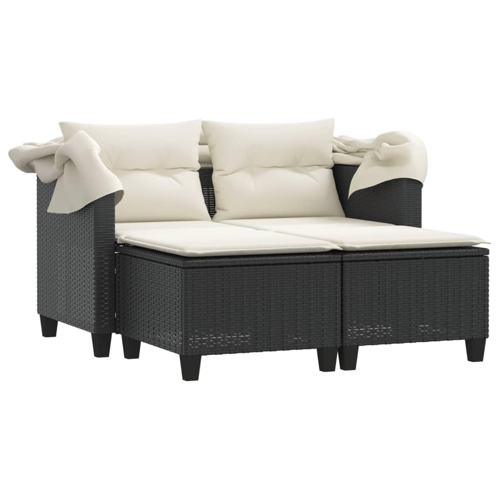 sofás Baratos,sofás de Dos plazas,Sillon Cama 1 Plaza Plegable,Sofá de jardín 2 plazas con toldo y taburetes ratán PE negroAdecuado para salón, Dormitorio