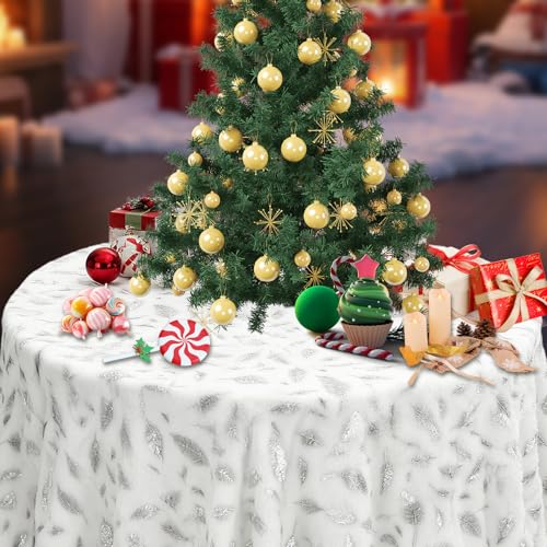 36 Zoll Kunstfell-Weihnachtsbaumrock mit silberner Folienprägung und Federn, Weihnachtsdekoration, Festliche, Dicke Plüsch-Weihnachtsbaumschmuckstücke (Snowflakes)