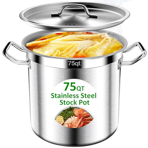Image of Commercial Grade Large Stock Pot - 75 QT Soup Pot with Lid - Non-Nickel Stainless Steel Stock Pots - Healthy Cookware Polished Stockpots - Heavy Duty Cooking Pots, Cookware Sauce Pots