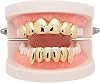 Psivika Gold Plated Shiny Hip Hop Teeth Grillz Caps Iced Out CZ Top and Bottom Vampire Fangs Grillz for Men and Women