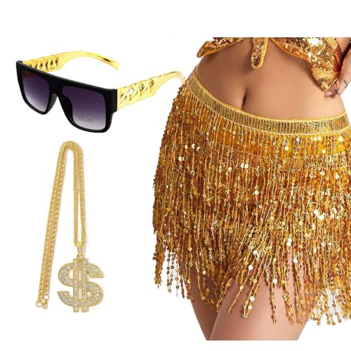 NIUEFH Gold Digger Costume for Women Fringe Skirt Fake Gold Chain Sunglasses Disco Sparkle Costume for Halloween Party Decorations