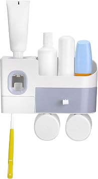 QWORK Automatic Toothpaste Dispenser, Toothbrush Holders Wall Mounted with 2 Cups, 7 Brush Slots, Cosmetic Drawer Organizer, Self-Adhesive
