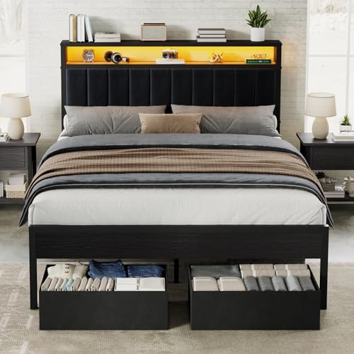 Image of AMERLIFE Full Bed Frame with LED Lights & 2-Tier Storage Headboard | Black, 2 Storage Drawers, Metal Platform Frame, Velvet Upholstery, Heavy-Duty Slats, No Box Spring, Easy Assembly
