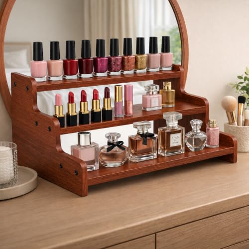 Image of FireBees Kitchen Organizer Rack | 3 Tier Wooden Kitchen Shelf Organisers & Shelf Riser for Counter Top | Wooden Kitchen Storage Stand | Rack for Spice Bottles, Jars, Seasonings (Rose wood)