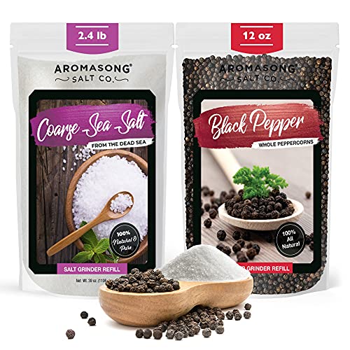 Aromasong Organic Coarse Sea Salt (2.43 LB.) with Black Peppercorn (12 OZ) Grinder, Mill Refill Combo Set for Cooking & Baking – Bulk Resealable Bag