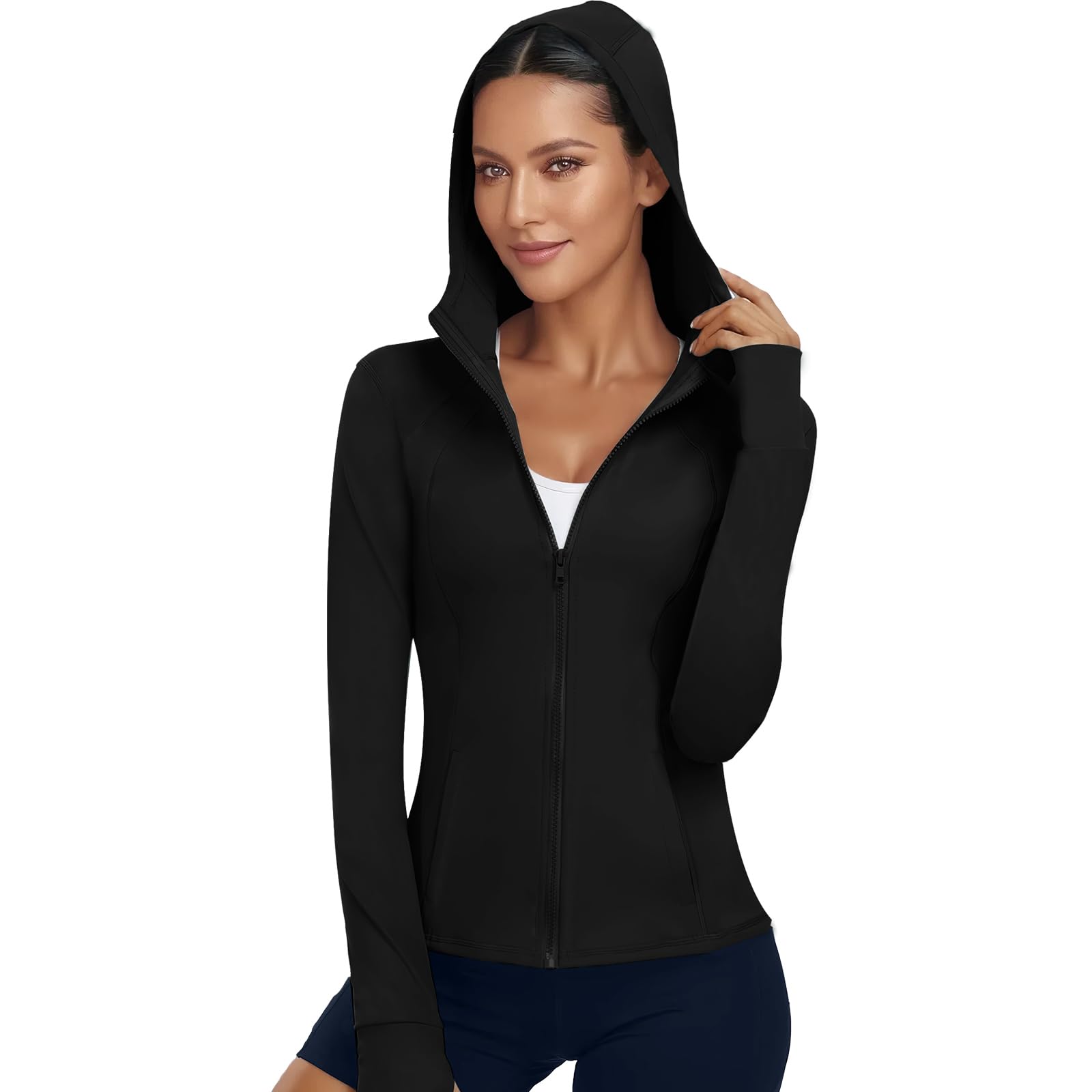 M MOTEEPI Veste Courte BBL Pour Femme Avec Poches Zippées Pour Entraînement, Yoga, Gym Avec Trous Pour Les Pouces, Noir, T- Petit