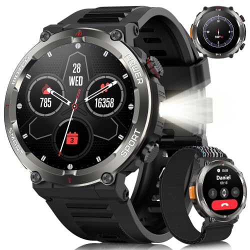 Image of IOWODO Military Smart Watch for Men Answer/Make Call,1.45" Fitness Watch with 100 Days Battery,Compass,Flashlight,120+ Sports,SpO2 Heart Rate Sleep Monitor,IP68 Waterproof Smartwatch for iOS Android