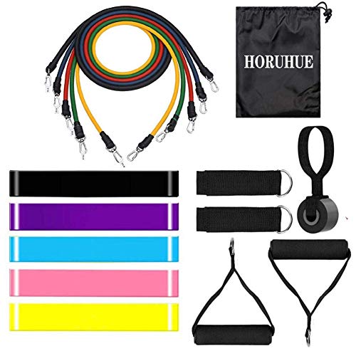 Horuhue Resistance Bands Set for Exercise,17 Pieces Resistant Band Set with Foam Handles,Exercise Loops,Door Anchor,Ankle Straps,Carrying Pouch for Men Women Arms Legs Exercising