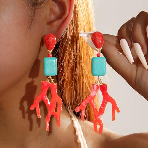 Coral Earrings For Women, Boho Long Geometric Turquoise Acrylic Ocean Pendant Beach Summer Charm Statement Jewelry Gift2