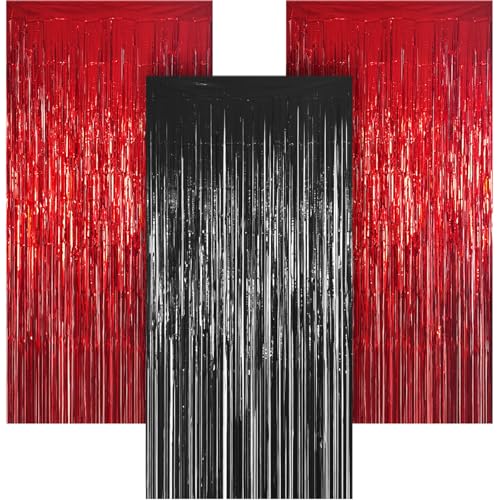 3 Pack 3.28ft x 6.56ft Red&Black Metallic Tinsel Foil Fringe