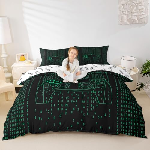 Erosebridal Kids Games Duvet Cover Set Twin Size Gamepad with Action Buttons Bedding Set for Boys Teens Video Games Player Gaming Comforter Cover Digital Letter Print Bedspread Cover, Green