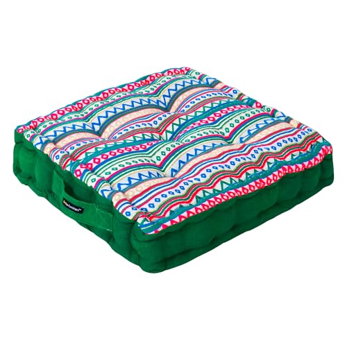 Image of Reversible 60x60x10 cm Woven Quilted Green Boho Floor Cushion with Cotton Filler for Seating, Patio Seat, Meditation, Yoga, Pooja, Guests, Living Room, Bedroom, Large Size 24x24x4 Inch