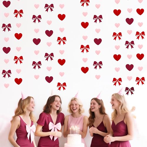 Image of Heart Bow Decorations Burgundy Red Pink Heart Bow Hanging Garland Streamer for Anniversary Birthday Valentines Bachelorette Wedding Baby Shower Bridal Shower Engagement Hen Party Decorations Supplies