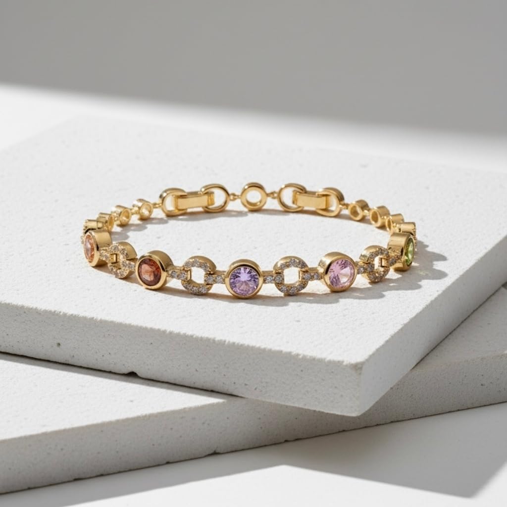 Colorful Tennis Bracelet for Women, 14K Gold Plated CZ Birthstone Bracelet, Stackable Jewelry Gift
