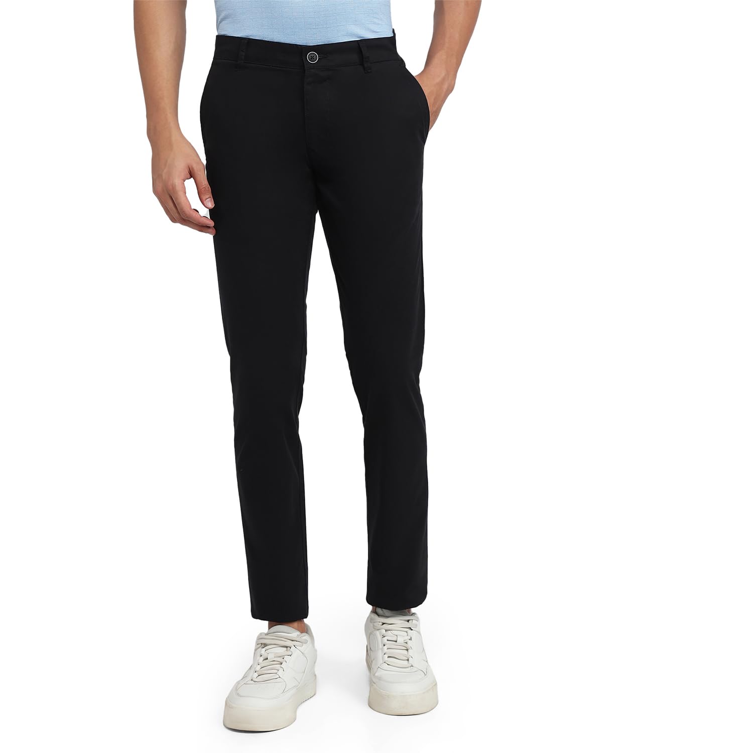 parx Men Low Rise Tapered Fit Solid Pattern Cotton Elastane Blend Flat Front Casual Trouser Black-picture-12