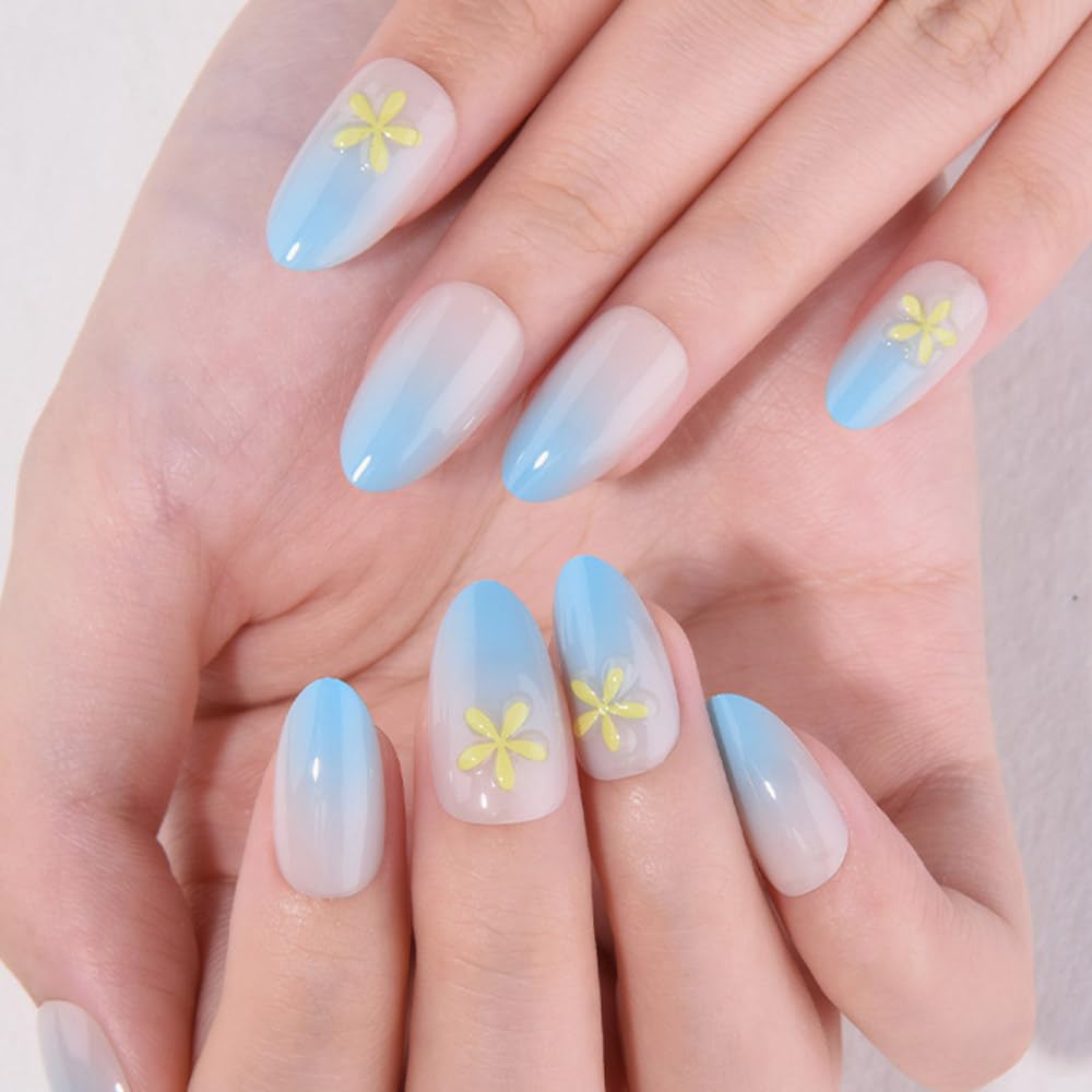 evpct Ombre Sky Blue Glossy Press on Nails Short Almond, Sky Blue Fake Nails Reusable 3D Flower Design, Acrylic False Nail Stick on Press ons for