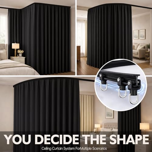 Image of Jilron Room Divider Curtain Ceiling Curtain Track Set for Blackout and Privacy (Black Curtain + Black Track) 106 inch W x 84 inch L -1 Piece
