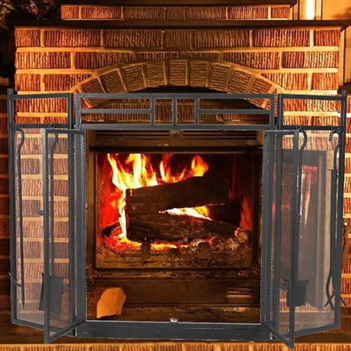 Pantalla ignífuga para chimenea de 4 paneles negra y plana 7