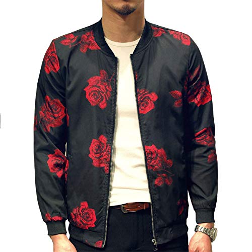 Astellarie Mens Fashion Bomber Floral Jacket Outdoor Casual Slim Fit Printed Pattern Lightweight Zipper Coat
