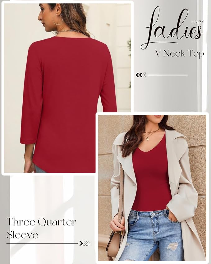 Image of Women's 3 /4 Sleeves Regular Fit V-Neck Cotton T-Shirt