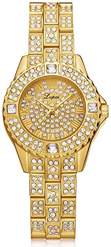 Damenuhr Quarzuhr mit rundem Zifferblatt Nieten mit Strass Uhr für Elegante weibliche Büro Damen, Gold