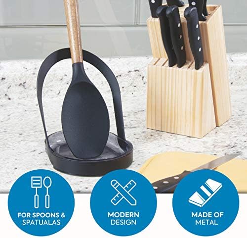 iDesign Kitchen Utensil Rest, Metal and Plastic Spoon Rest for Worktops, Spatulas and more, Practical Kitchen Spoon Holder, Matte Black, 13.0 x 11.0 x 15.4 cm