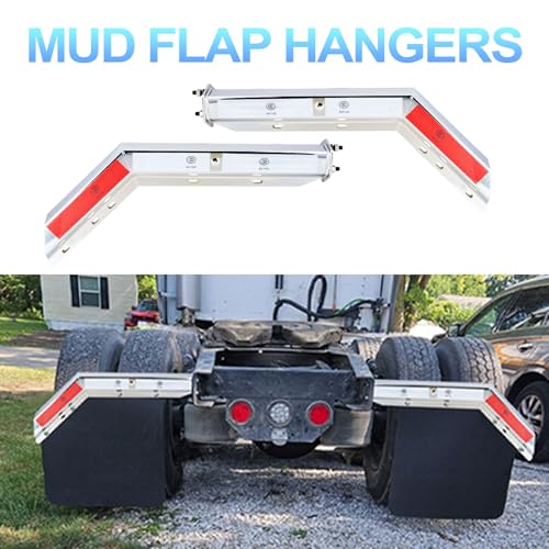 Image of Mud Flap Hanger Chrome Angled Spring Loaded Bracket Mudflap Holder Set, 30 inch Length Rear Bar, 1-1 /8 inch - 2.5 inch Bolt Spacing Mud with Reflective Tapes for Semi Trucks, 1-1 /8 inch Bolt, Silver