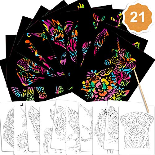 Qpout 21pcs Ensemble de Papier à gratter pour Enfants, 10 Papier à gratter 10 Animaux Dessin pochoirs 1 Stylo en Bois pour garçons Filles Artisanat Projet...