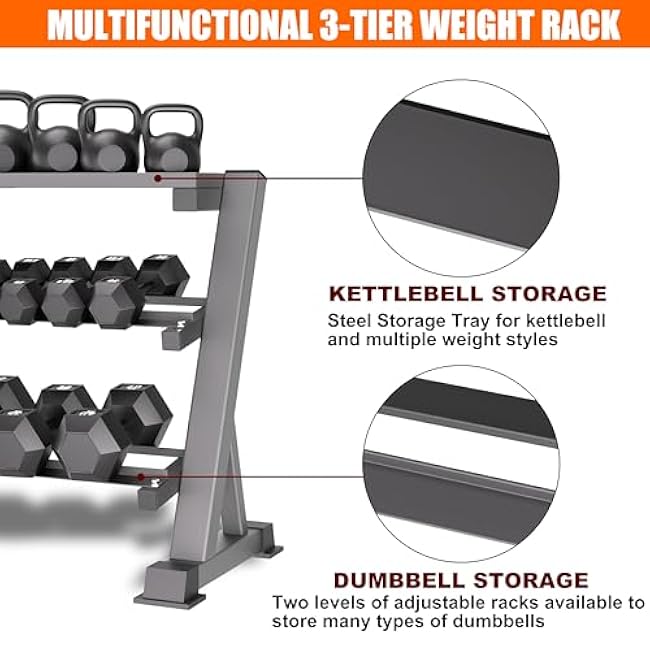 3 Tier Dumbbell Rack, 1200LBS Adjustable Weight Rack for Home Gym, Heavy Duty Dumbbell Holder for Kettlebell & Free Weights Storage Organizer, Dumbbell Rack Stand Only