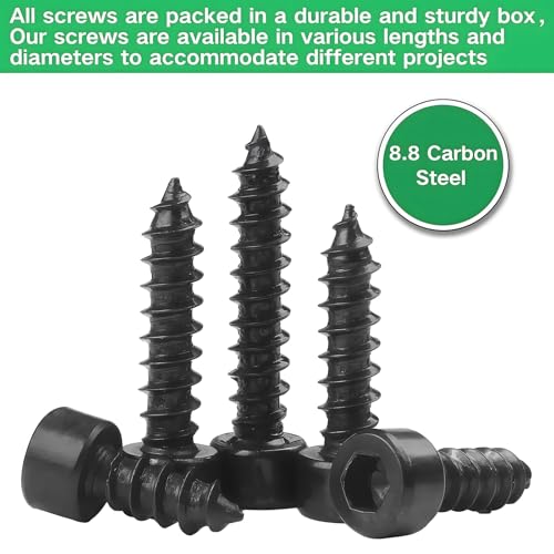 480Pcs M2 Hex Socket Cap Head Self Tapping Screws M2x4/5/6/8/10/12/14/16mm Black Socket Self Drilling Screw Allen Head Sheet Metal Bolts Hex Drive Wood Screws Assortment Kit