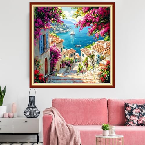 Image of Redxing Stamped Cross Stitch Kits Embroidery kit for Beginners Adults Full Range of Embroidery Patterns Starter Kits DIY Printed Cross Stitch Kits Needlepoint Kits 11CT-Seaside Scenery 18x18 inchs