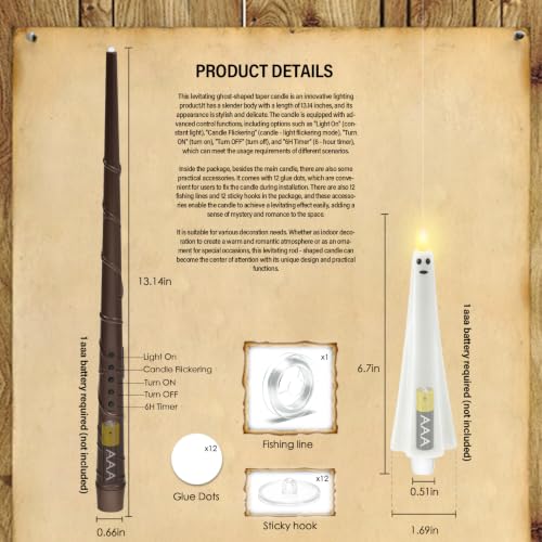 Image of kakoya Ghost Flameless Floating Candles with Wand Remote, 12 Pcs Magic Flickering Battery Operated LED Hanging Taper Candles for Halloween Party Decoration(White)