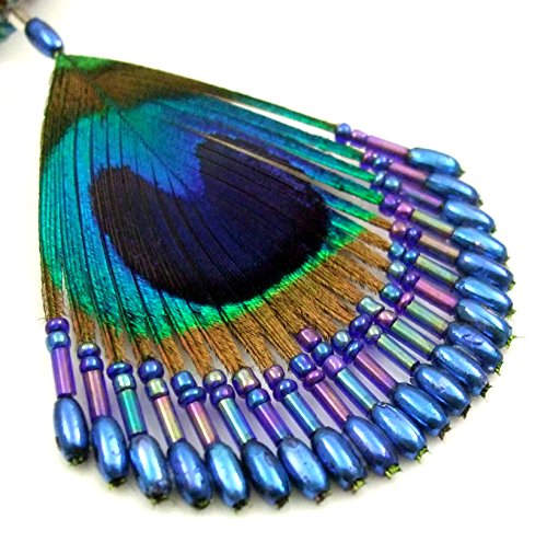 Swimmi Hand Beaded 2.4 Inch Iridescent Peacock Feather Blue Beads Pendant 19.5 Inch Necklace Handmade Women Jewelry Ba330-A #TOP1