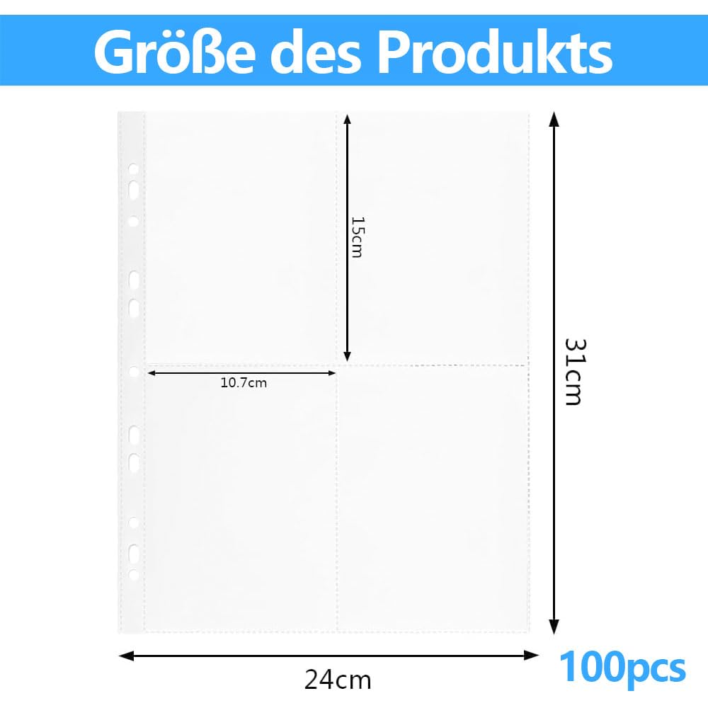 100 Pack 800 Protège Page Photo A4,Pochette Pochette Pour Carte PostaleA4,Pochettes Transparentes A4 Pour Photos,Protège Page Photo Double Face,Pochettes Pour Cartes Postales (100 Pack)