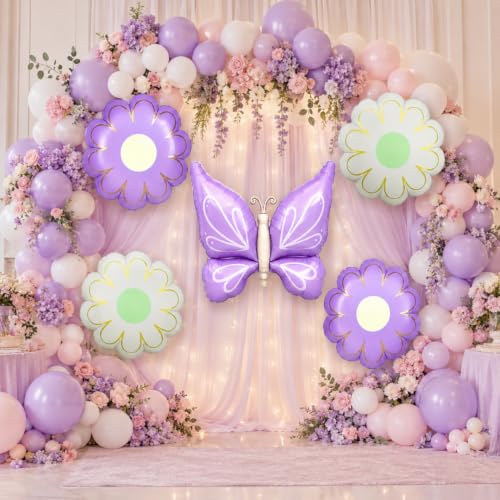 Image of Wanna Party Butterfly and Flower Foil Balloon Set of 5, Purple Butterfly Balloon with Colourful Daisy Flower Balloons for Birthday, Baby Shower, Garden Theme & Party Decoration