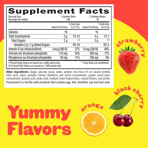 L’il Critters Calcium + D3 Daily Gummy Supplement for Kids, for Bone Support, Orange, Strawberry and Cherry Flavors, 150 Gummies