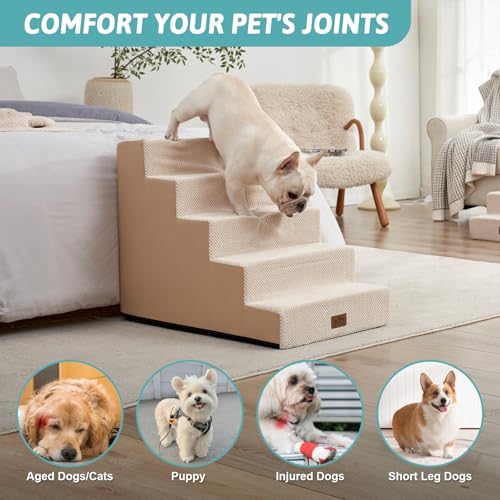 COZY KISS Hundetreppe für Kleine Hunde, 5 Stufen Breiter Haustiertreppe für Bett Couch Auto, 60cm Hoch Hochdichtem Schaumstoff Katzentreppe mit Abnehmbarem Bezug (Beige, 75x50x60cm, 5)