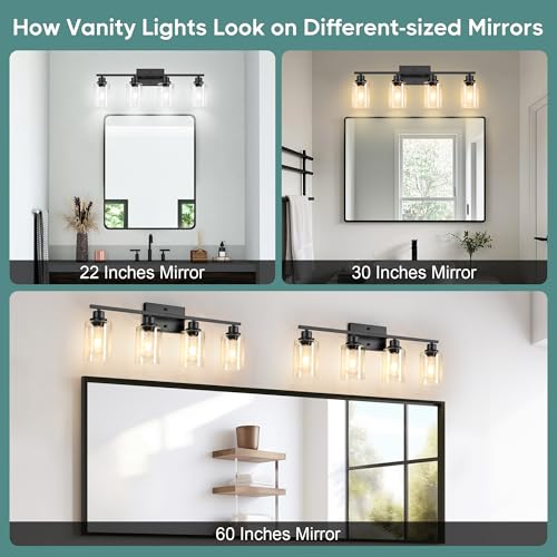 Image of Ascher Bathroom Light Fixtures, 4-Light Vanity Light Over Mirror, Matte Black Wall Sconces with Clear Glass Shades, Wall Lamp for Living Room Bedroom, E26 Base(Bulbs Not Included)