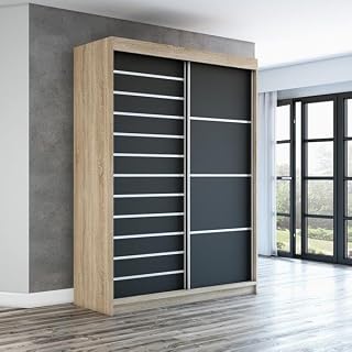 A&J MöbelLand Schwebetürenschrank Colin Kleiderschrank 160 cm mit Spiegel, 6 Regalen & 1 Kleiderstange (Sonoma/Schwarz/Schwarz)