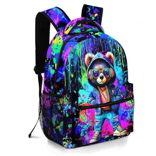 Moduyok Mochila escolar para meninos, meninos, crianças, adolescentes, ensino fundamental, alunos do ensino médio, mochila para livros de 6 a 18 anos, Urso grafite, One Size