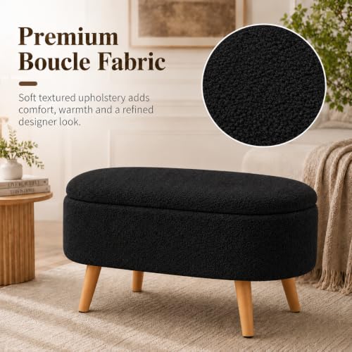 Image of Upholstered Ottoman Storage Bench, Premium Boucle Fabric, Heavy Duty 120 Kg Load Capacity, Multipurpose Seating for Living Room & Bedroom, Black
