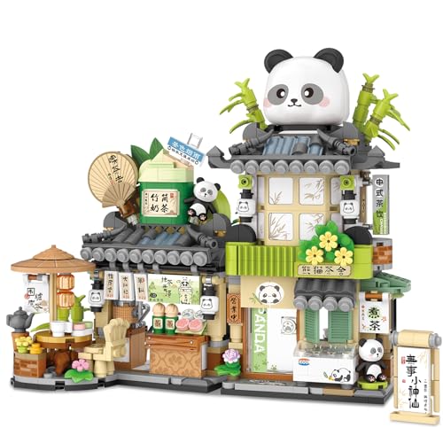 Image of Street View Tea Shop Mini Building Blocks, MOC Creative Building Toys Cute Panda Animals Building Set for Girls 6-12, Simulation Architecture Construction Toy, Gift Idea for Kids Adults (860PCS)