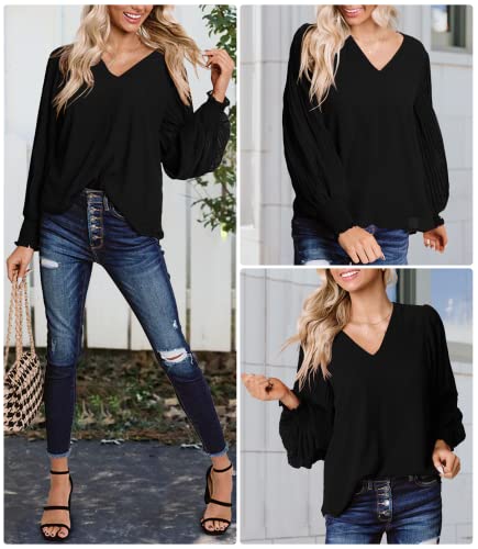 Womens Tops Dressy Casual Sexy V-Neck Long Sleeve Blouse Trendy Bishop Sleeve Chiffon Tops Cute Holiday Shirts Fashion 2023 Outfits Black #TOP4