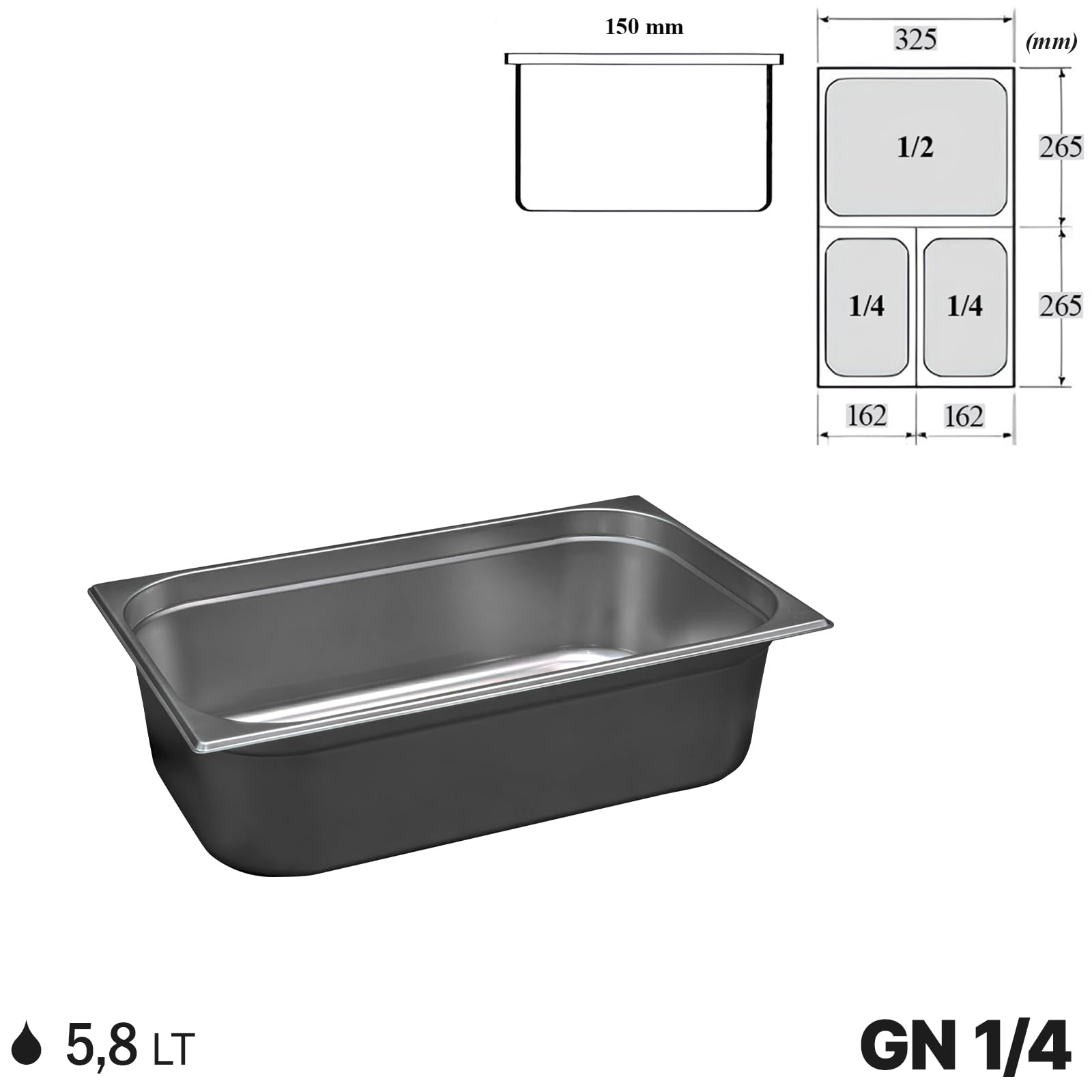Comas Gastronorm GN 1/4, 265x162 mm, acero inoxidable, borde plano, apilable, resistente - neveras, hornos, estantes, dispensas, carros - profesional, catering (H150 mm)